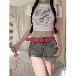 美式低腰排扣包臀牛仔超短裤女夏季新款辣妹紧身弹力包臀显瘦热裤