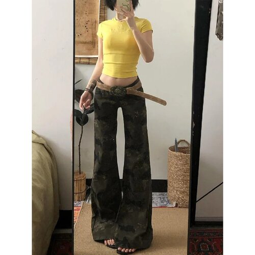 美式复古迷彩工装微喇牛仔裤女