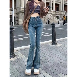 显瘦辣妹微喇叭裤 复古蓝高腰牛仔裤 百搭弹力修身 韩版 子 女初秋新款