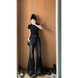 高腰宽松显瘦百搭休闲阔腿长裤 女夏季 复古水洗黑微喇叭牛仔裤 美式