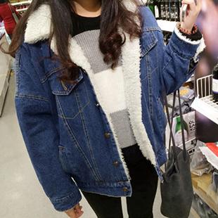 2023冬装新款加绒加厚牛仔外套女士宽松大码羊毛羔棉衣外套学生潮