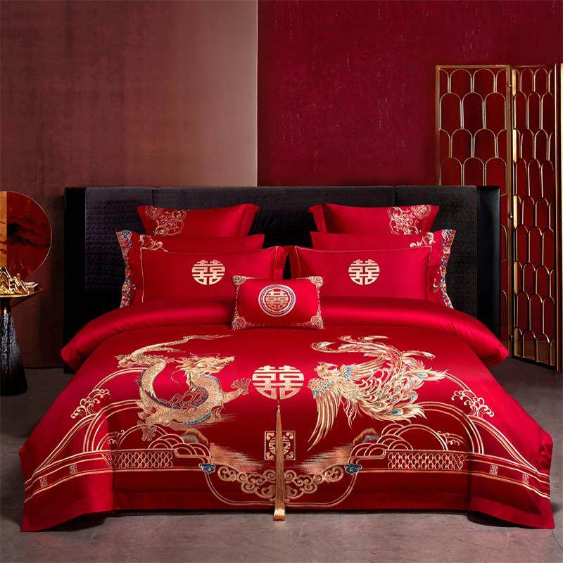 恒源祥40s长绒棉刺绣婚庆四件套纯棉红色中式喜庆结婚陪嫁件套,床上用品,婚庆床品套件,淘宝优惠券,粉丝福利购,淘宝优惠卷