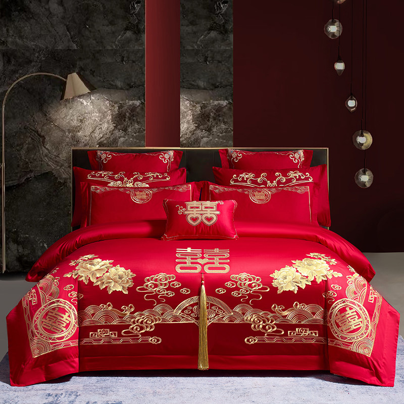 恒源祥60s长绒棉婚庆四件套大红色刺绣婚礼陪嫁双人被套床单枕套