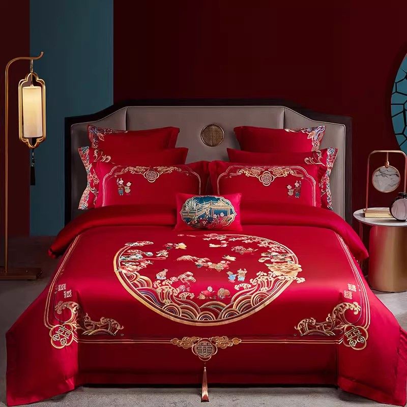 恒源祥结婚四件套全棉刺绣喜床用品送新人陪嫁被套婚房高端大红色