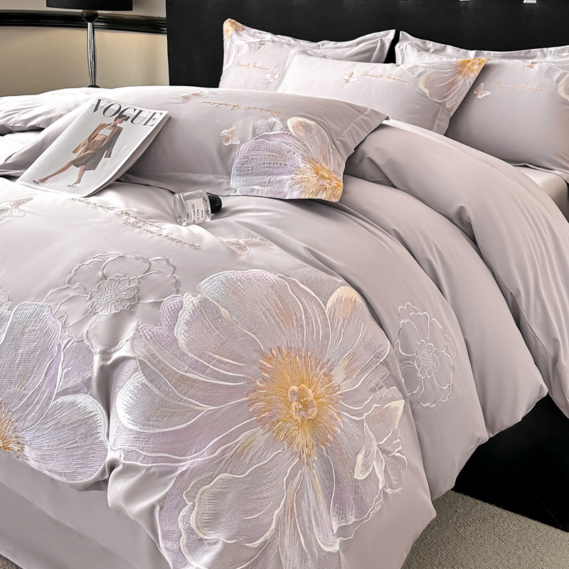 恒源祥全棉绣花四件套四季通用床单式简约纯棉单双人家用床上用品