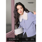 女针织衫 阔色毛领外套短款 新款 25秋冬季 翻领气质上衣 紫色毛衣开衫