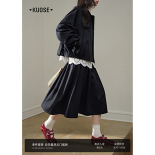 女中裙a字裙长袖 新款 上衣 套装 阔色翻领外套百褶伞裙两件套25秋季