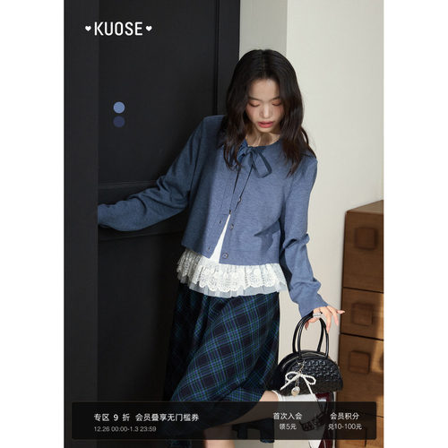 藏蓝色蝴蝶结开衫针织衫外套毛衣