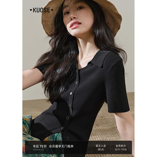 黑色休闲T恤短袖 阔色polo领修身 新款 开叉针织衫 上衣 女2025年夏季