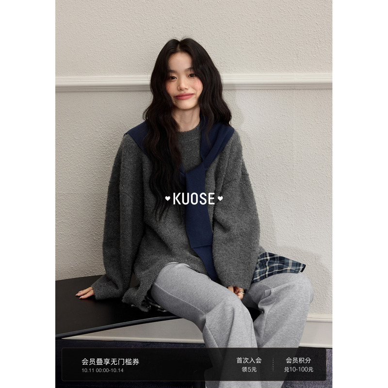 灰色慵懒风开叉针织衫上衣女