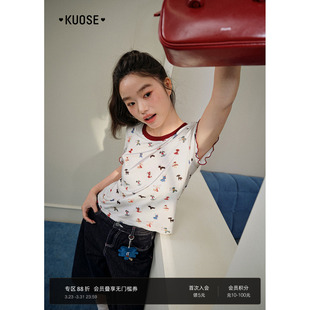 女短款 阔色印花短袖 穿搭新款 2026春夏季 撞色上衣白色 t恤收腰半袖