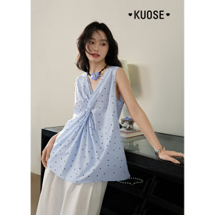 外穿上衣 宽松无袖 阔色蓝色v领波点扭结吊带背心女2025夏季 新款