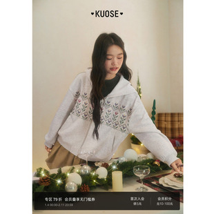 阔色费尔岛连帽外套加绒短款25秋冬季新款女灰色休闲上衣长袖宽松