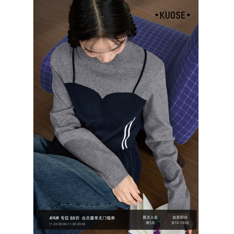 灰色假两件背心针织衫半高领长袖