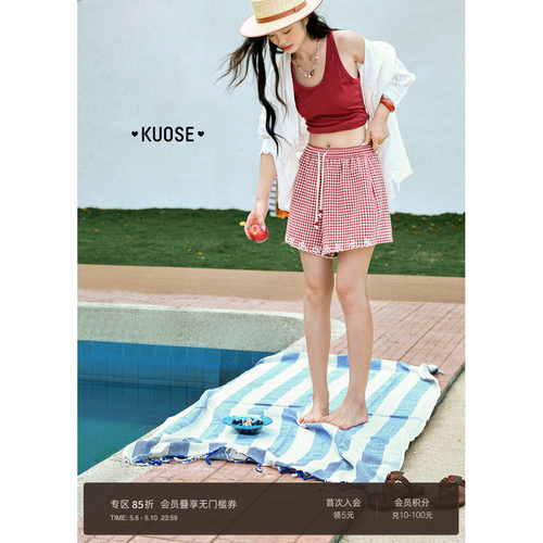 复古格子刺绣休闲裤阔腿裤女