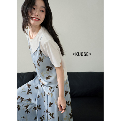 假两件碎花吊带t恤休闲裤