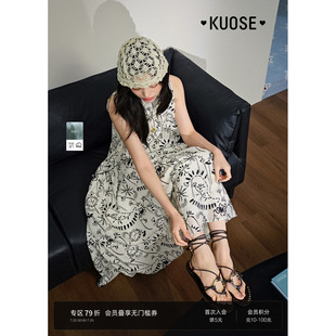 新波西米亞度假穿搭法式 長裙子 背心裙收腰連衣裙女25夏季 闊色無袖