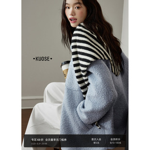 阔色小个子温柔系穿搭毛呢外套女2025秋冬季 蓝色翻领呢子大衣 新款