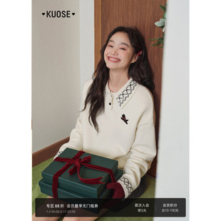 阔色杏色polo领刺绣毛衣女2025秋冬季新款气质软糯显瘦针织衫短款