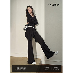 显瘦微喇休闲裤 裙裤 子女2025秋冬季 屁帘拖地长裤 新款 阔色黑色修身