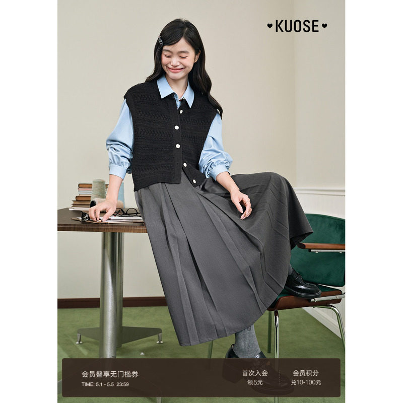 阔色灰色西装百褶半身裙女26春季新款学院格雷系穿搭a字长裙子秋