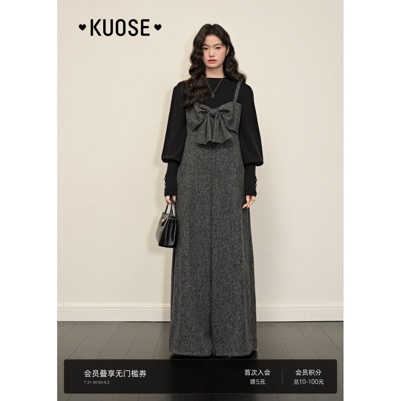 蝴蝶结黑色宽松阔腿休闲背带裤