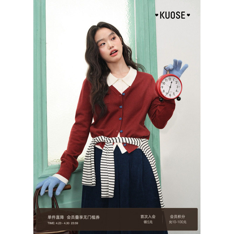 阔色红色假两件学院风针织衫女2026春季新款设计感短款毛衣秋冬