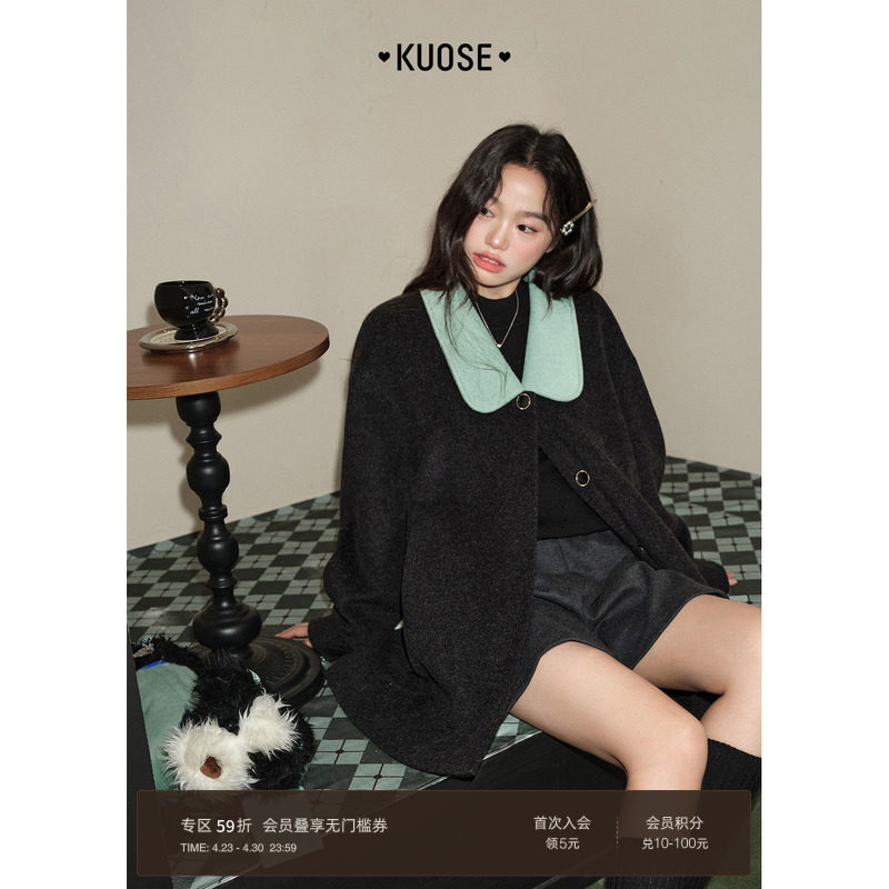 阔色黑灰色复古中长款毛呢外套女2025秋冬季新款气质宽松呢子大衣