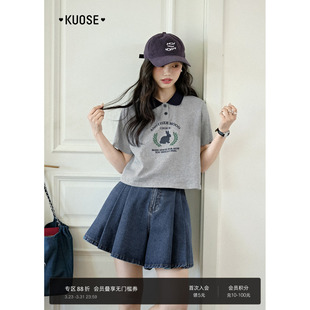 灰色polo领短款 纯棉t恤女2026春秋新款 上衣 兔子印花短袖 阔色美式