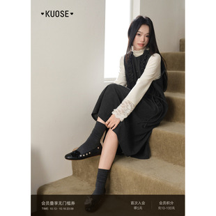 阔色无袖绑带背心裙连衣裙女2026秋冬季新款木耳边深灰色叠穿长裙