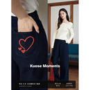 高腰宽松休闲长裤 阔色深蓝色阔腿直筒牛仔裤 美式 新款 女2025秋冬季