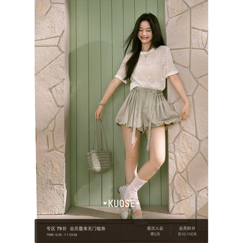 阔色卡其色蝴蝶结工装花苞休闲裤短裤子女2026夏季新款半身裙裤