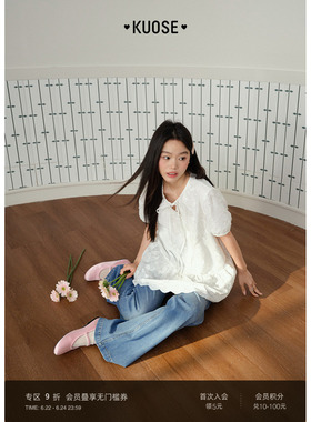阔色白色绑带短袖衬衫上衣女26夏季新款绣花法式连衣裙长款衬衣春
