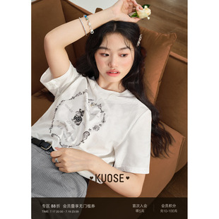 阔色图案印花短袖正肩上衣2026夏季女新款设计感白色圆领穿搭t恤