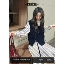 阔色背心马甲条纹衬衫连衣裙两件套装女2025秋季新款法式短裙子