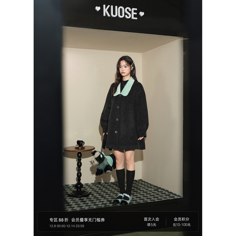 黑灰色复古中长款毛呢外套女