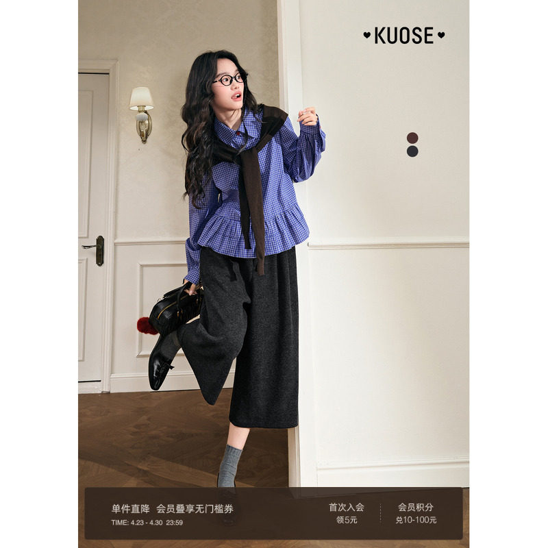 阔色黑灰色毛呢阔腿七分裤女2025秋冬季新款棕色小个子直筒休闲裤