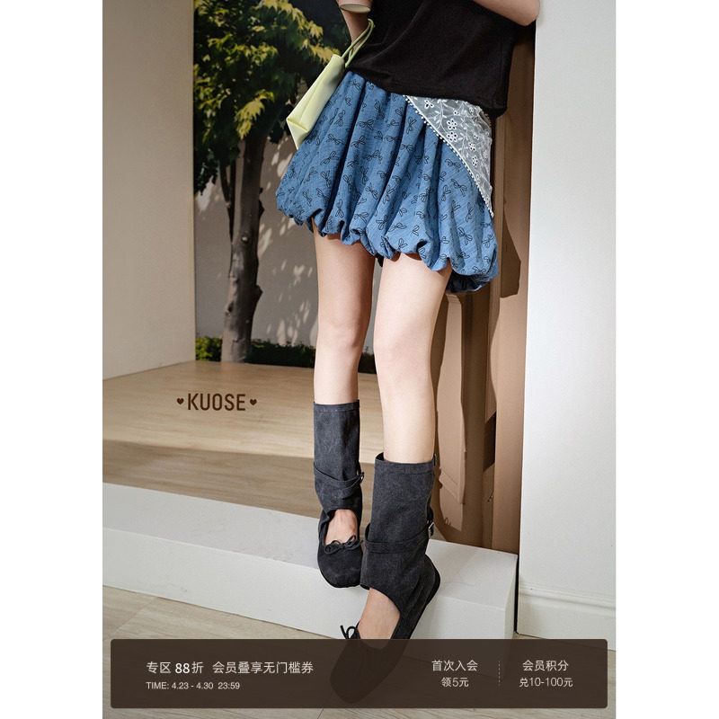 阔色蓝色荷叶边蝴蝶结花苞半身裙子女26夏季新款蓬蓬a字短裙半裙