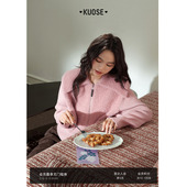 翻领修身 长袖 外套2025秋冬季 女装 毛绒上衣 新款 阔色粉色毛衣针织衫