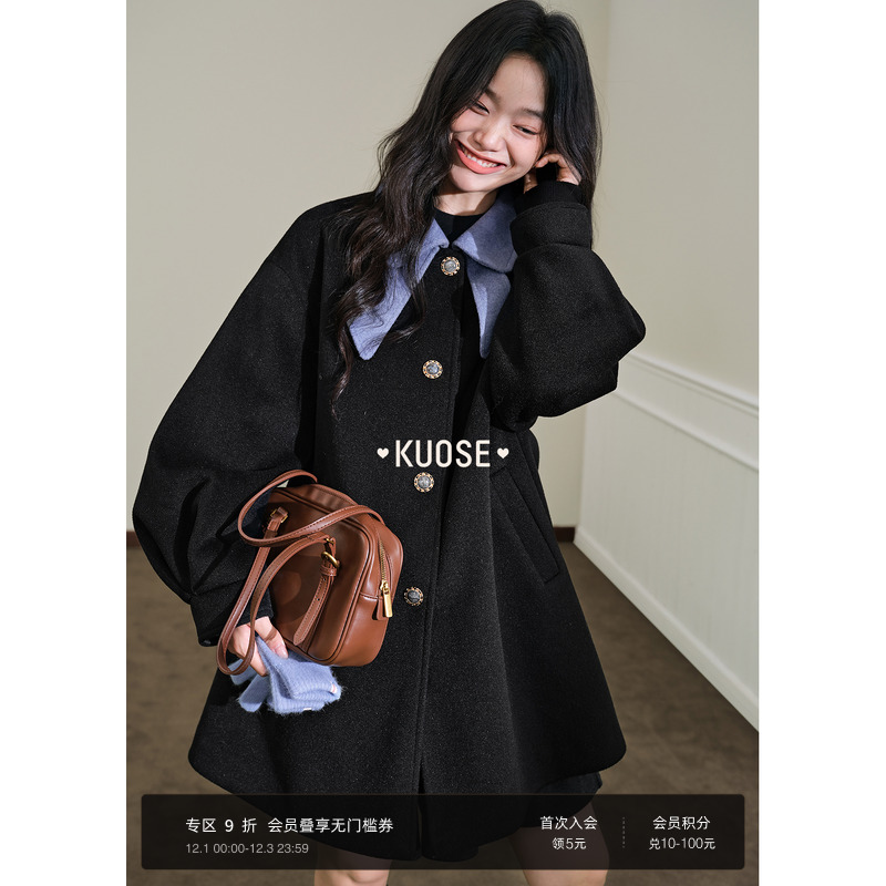 娃娃领黑色毛呢外套短款女装