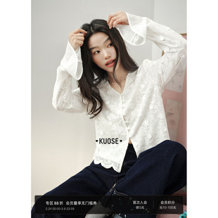 阔色白色立体花刺绣衬衫v领修身衬衣2026春季新款女雪纺衫上衣秋