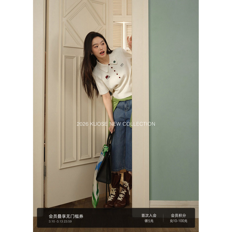 阔色短袖针织衫polo领小衫休闲翻领半袖2026春夏季新款女短款上衣