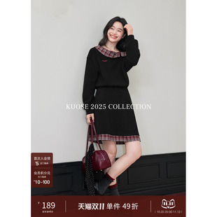 阔色格子假两件斜肩连衣裙女2025秋冬新款穿搭黑色收腰加绒短裙子