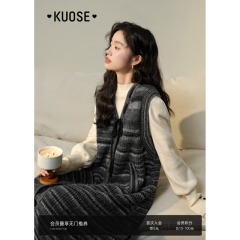阔色灰色条纹背心针织连衣裙女2024秋冬新款无袖v领直筒长裙