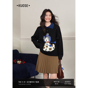 阔色条纹polo领黑色毛衣女装2025秋冬季新款小狗针织衫内搭上衣