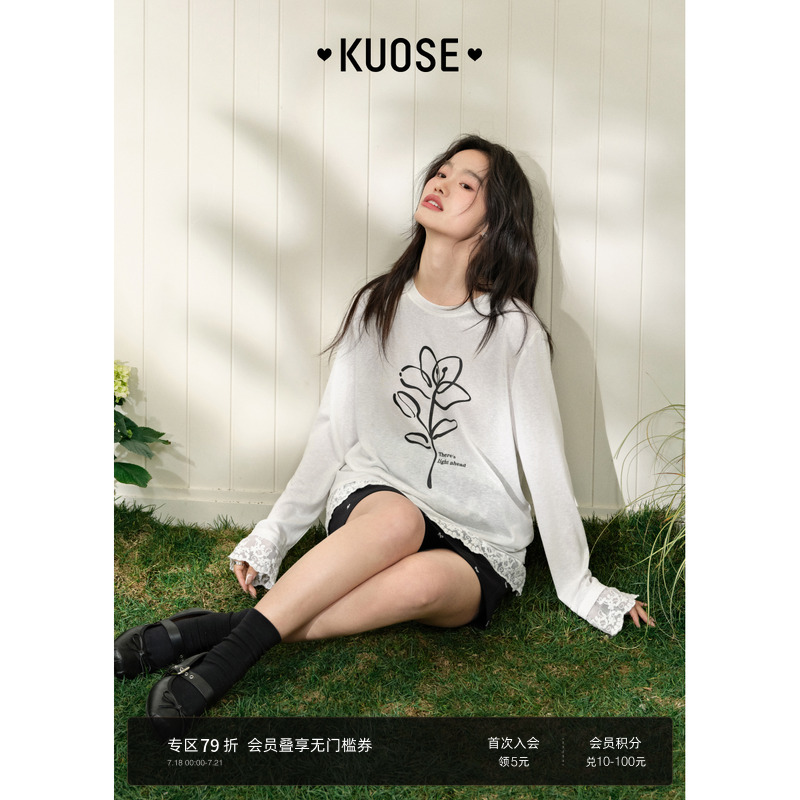 阔色白色蕾丝花边长袖T恤