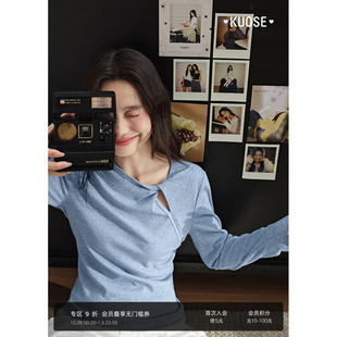 显瘦打底衫 阔色蓝色长袖 设计感修身 新款 上衣新 针织t恤女25秋冬季