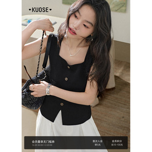 修身 方领上衣短款 显瘦针织背心吊带女装 新款 2025夏季 阔色黑色无袖