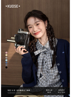 阔色蓝色蝴蝶结格子衬衫收腰衬衣2025秋冬季新款女黑色长袖上衣