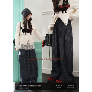 气质直筒阔腿裤 阔色深蓝色复古格纹工装 新款 女2026春季 秋冬 休闲裤